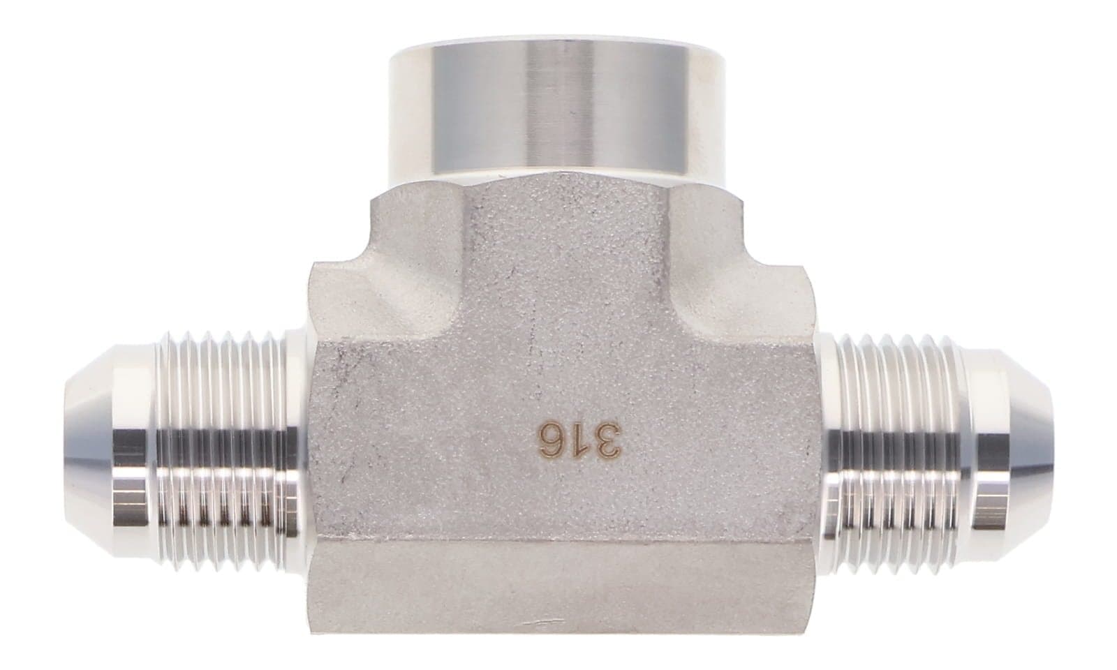 Stainless steel JIC 37° male × NPT female branch tee, 316L, top view