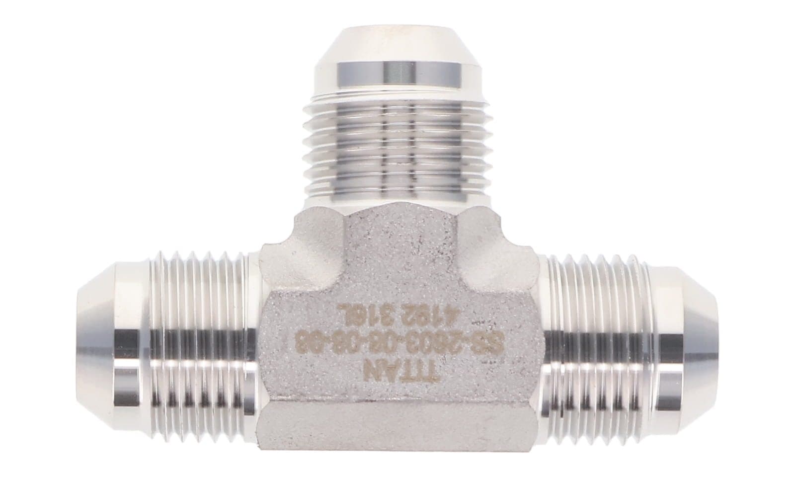 Stainless steel JIC 37° male union tee, 316L, top view