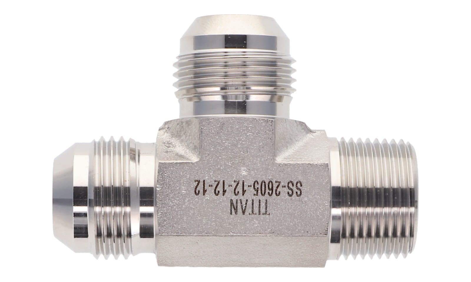 Stainless steel JIC 37° male × NPT male run tee, 316L, top view