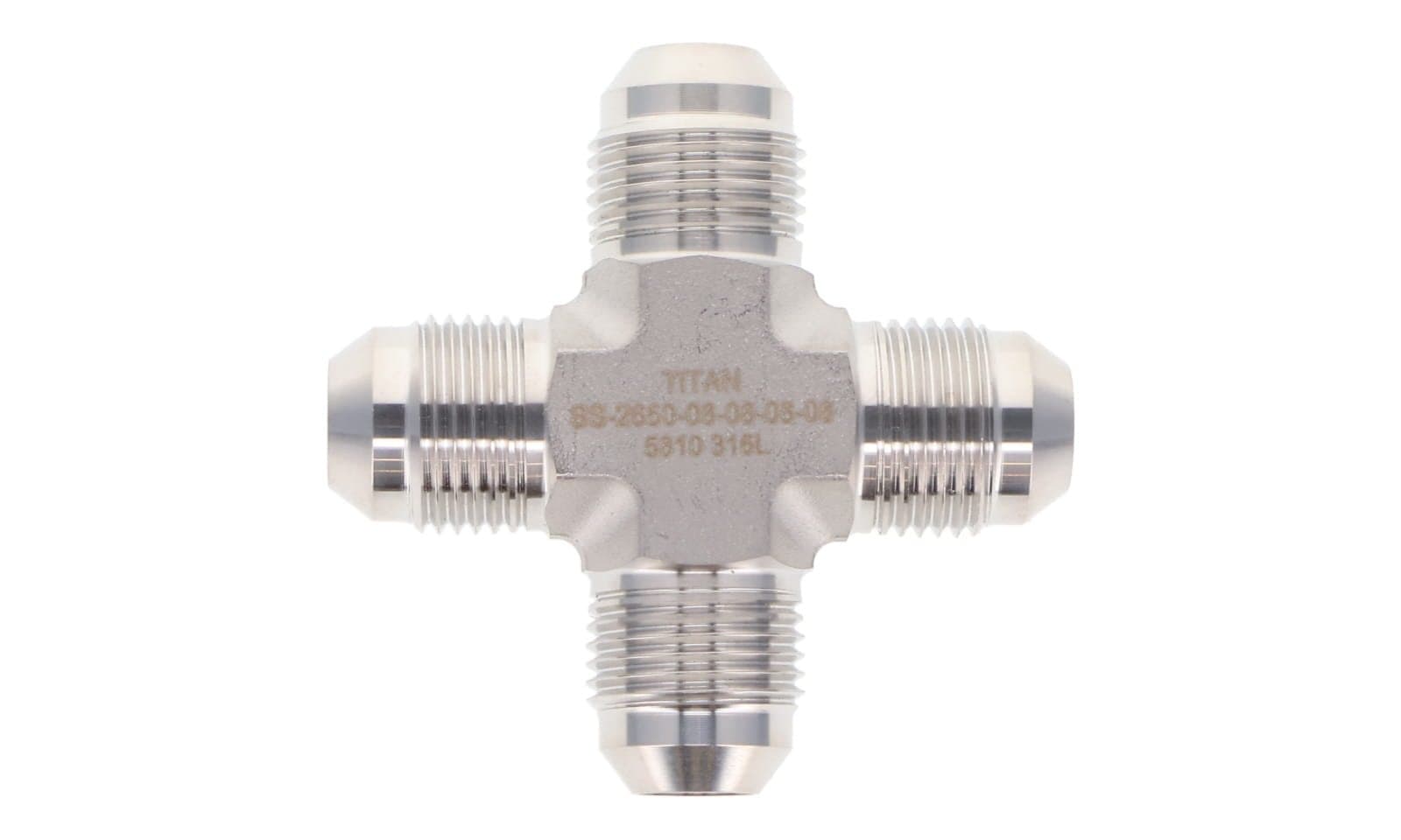 Stainless steel JIC 37° male union cross, 316L, top view