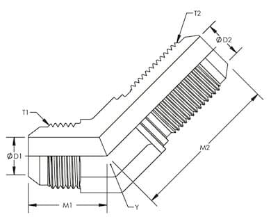 Dimension drawing of the stainless steel JIC 37° male bulkhead union 45° elbow, lettered for the size table
