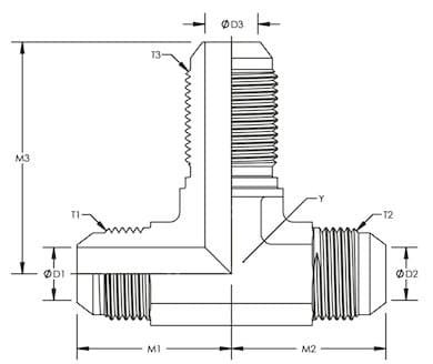 Dimension drawing of the stainless steel JIC 37° male bulkhead branch tee, lettered for the size table