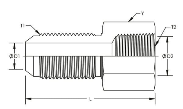Dimension drawing of the stainless steel NPT female × JIC 37° male bulkhead connector, lettered for the size table