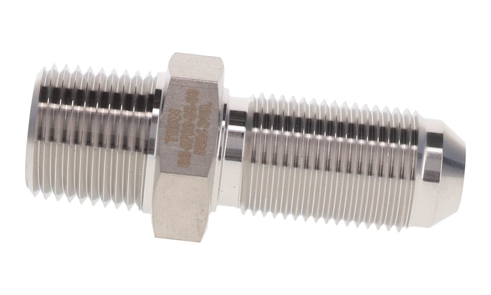 Stainless steel NPT male × JIC 37° male bulkhead connector, 316L, side view