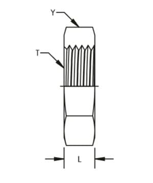 Dimension drawing of the stainless steel JIC 37° bulkhead locknut, lettered for the size table