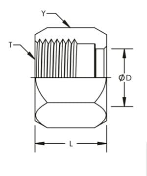 Dimension drawing of the stainless steel JIC 37° tube nut, lettered for the size table