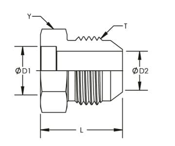 Dimension drawing of the stainless steel JIC 37° male × tube socket (countersunk bore) connector, lettered for the size table
