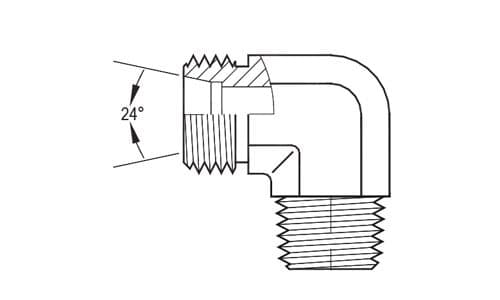 Line drawing of the stainless steel DIN 2353 × NPT male 90° elbow, extra-light series