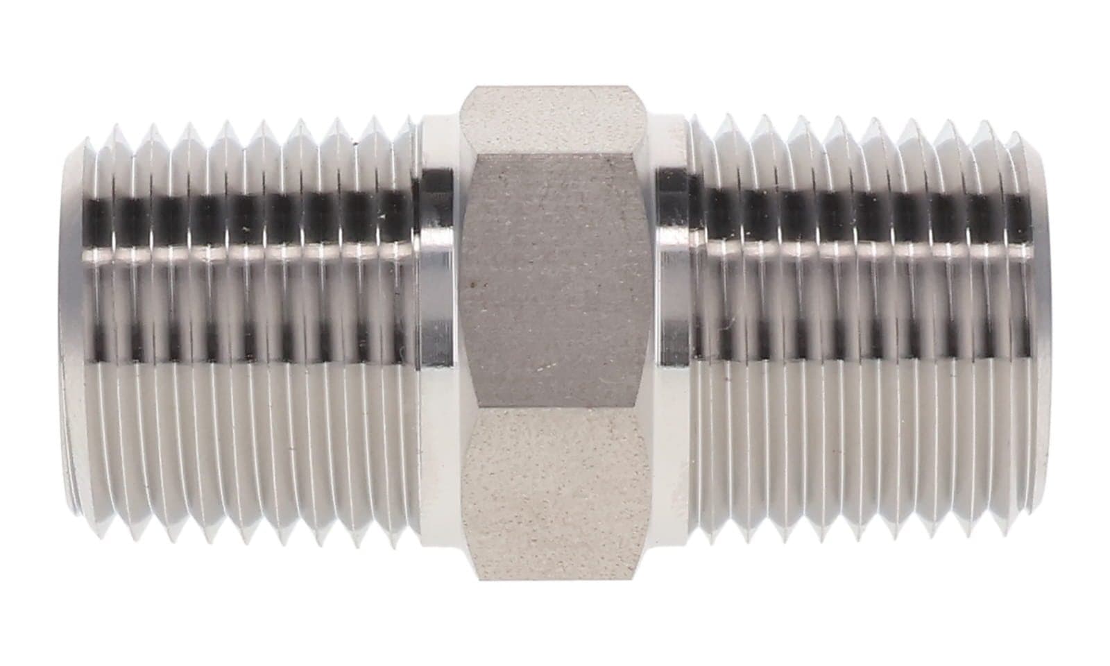 Stainless steel NPT male hex nipple, 316L, side view