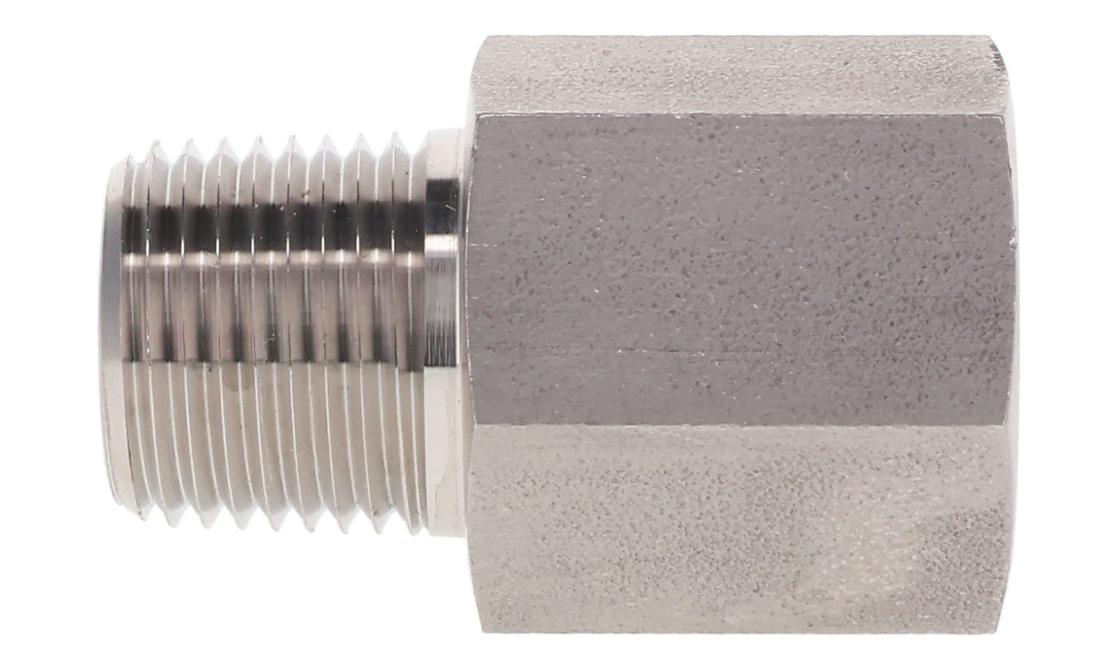 Stainless steel NPT male × NPT female adapter, 316L, side view