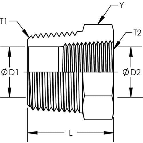 Dimension drawing of the stainless steel NPT hex reducer bushing, lettered for the size table