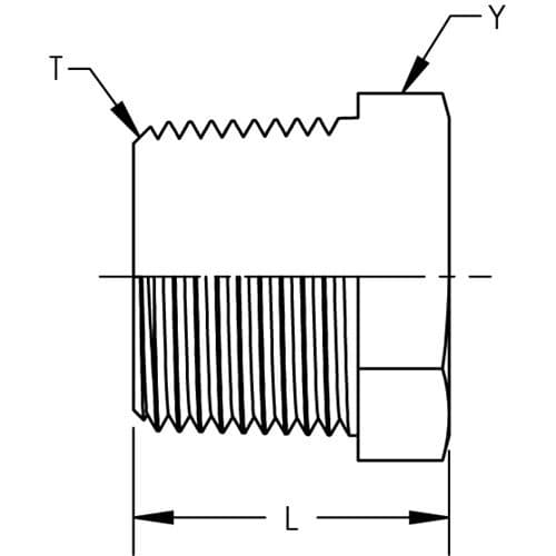 Dimension drawing of the stainless steel NPT hollow hex head plug, lettered for the size table
