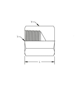 Dimension drawing of the stainless steel NPT female cap, lettered for the size table