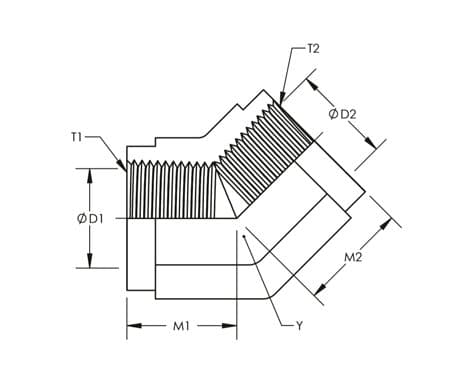 Dimension drawing of the stainless steel NPT female 45° elbow, lettered for the size table