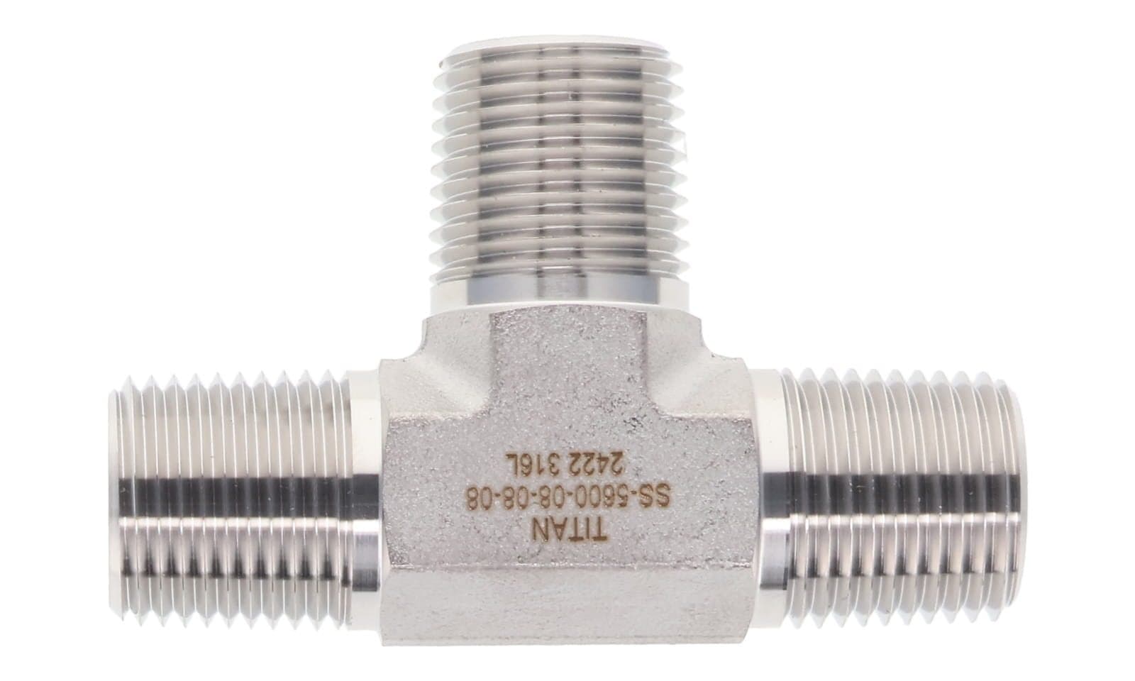 Stainless steel NPT male tee, 316L, top view