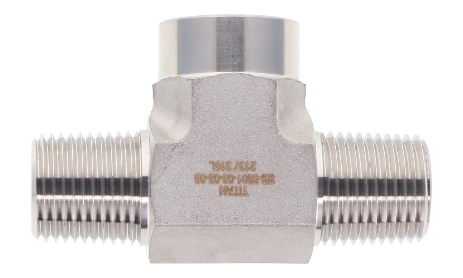 Stainless steel NPT female branch tee, 316L, top view