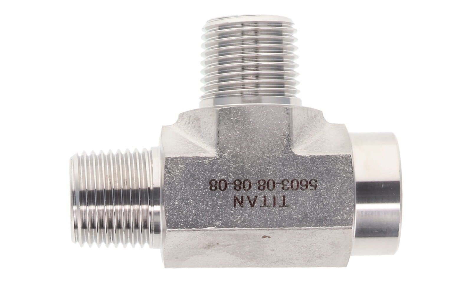 Stainless steel NPT female run tee, 316L, top view