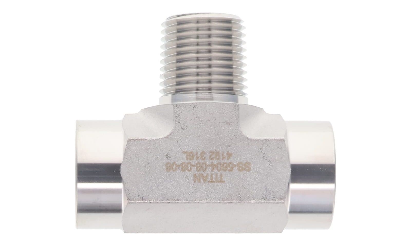 Stainless steel NPT male branch tee, 316L, top view