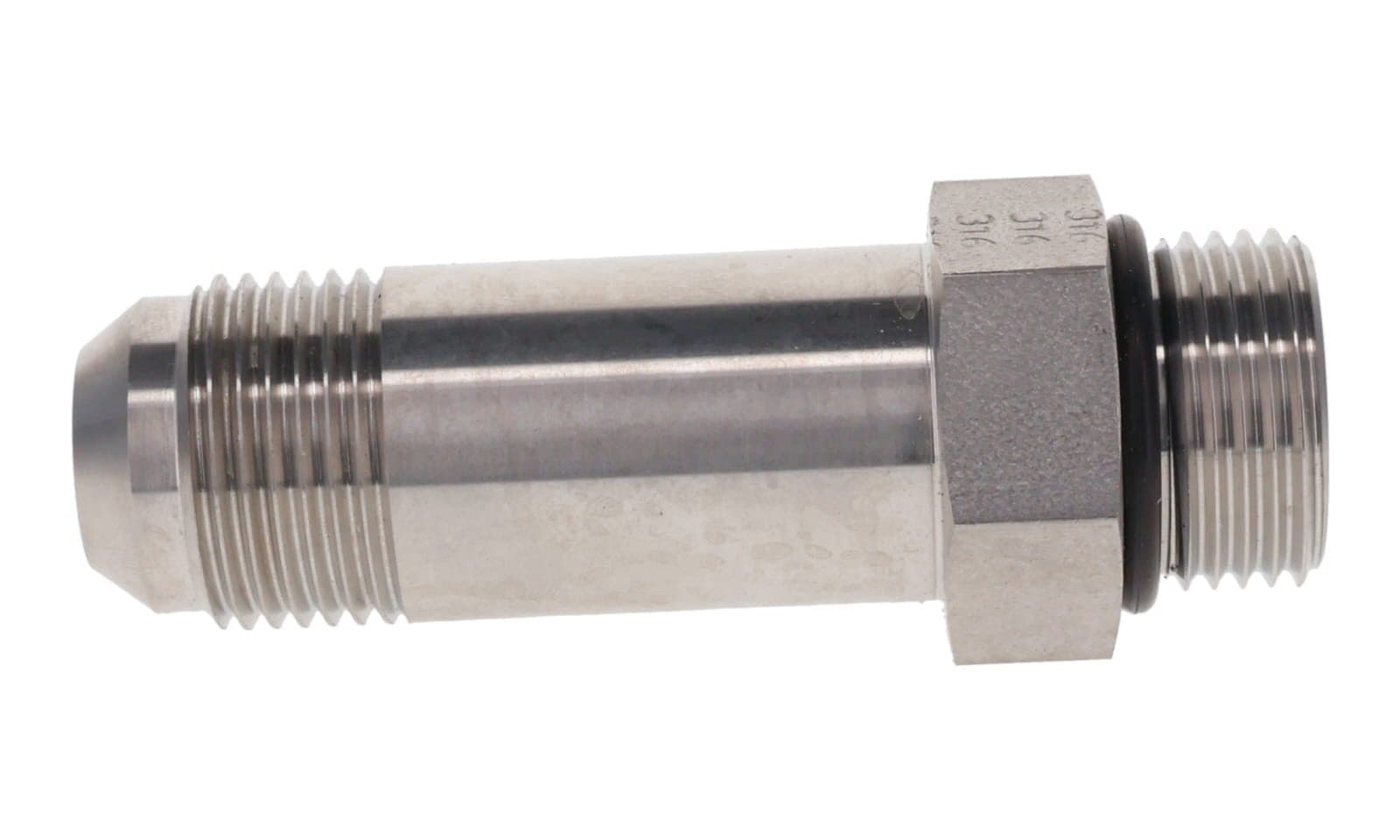 Stainless steel JIC 37° male × ORB male connector, long, 316L, side view