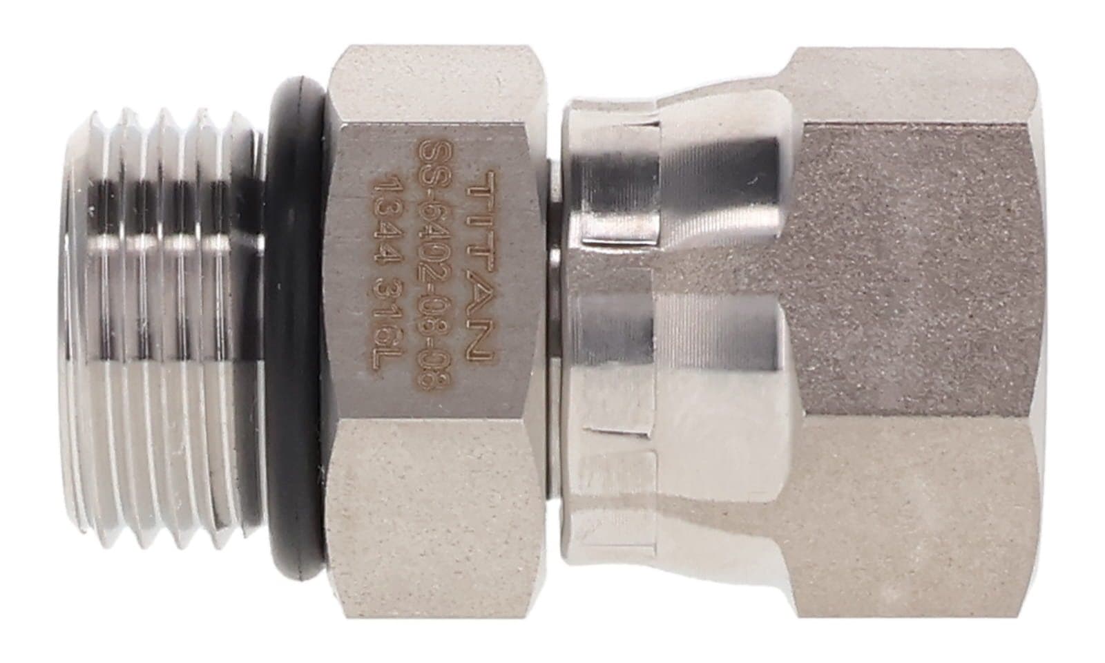 Stainless steel ORB male × JIC 37° female swivel connector, 316L, side view
