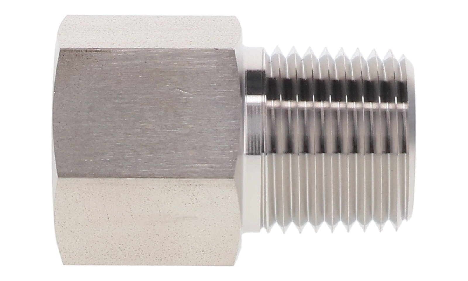 Stainless steel ORB female × NPT male connector, 316L, side view