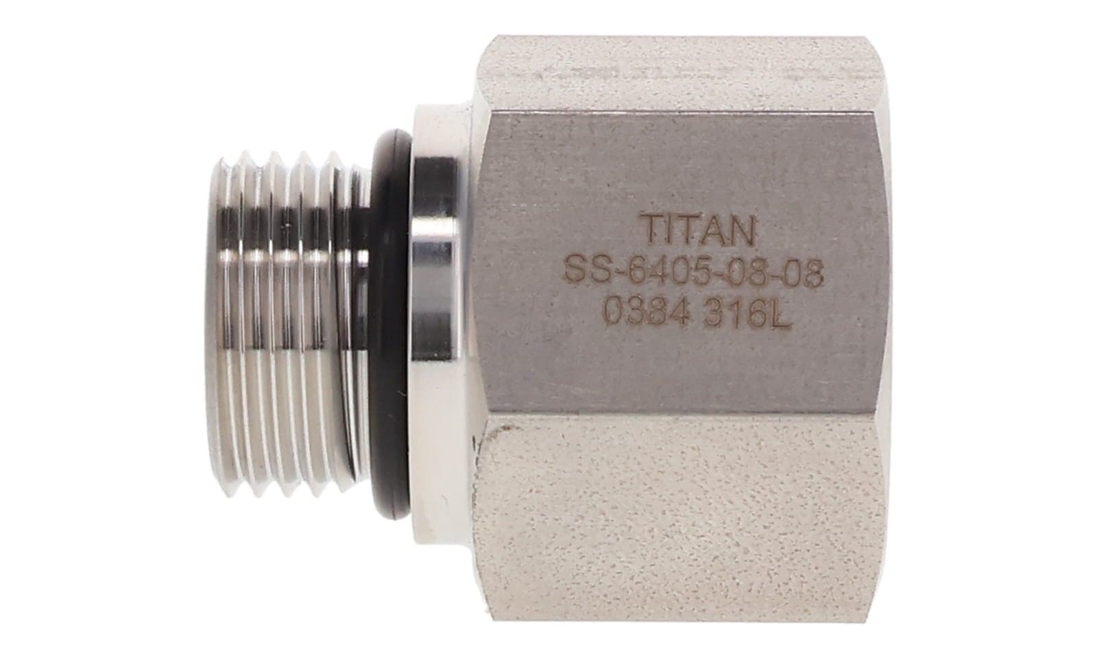 Stainless steel ORB male × NPT female connector, 316L, side view
