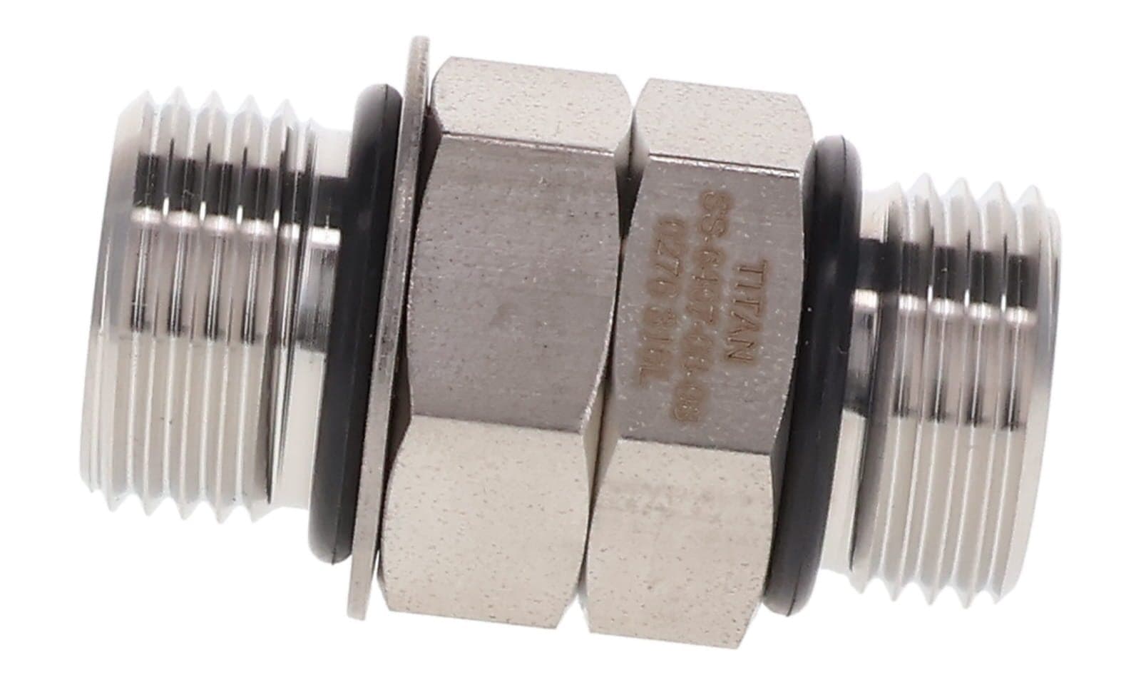 Stainless steel ORB male union, 316L, side view