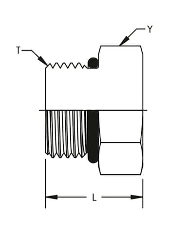 Dimension drawing of the stainless steel ORB hex head plug, lettered for the size table