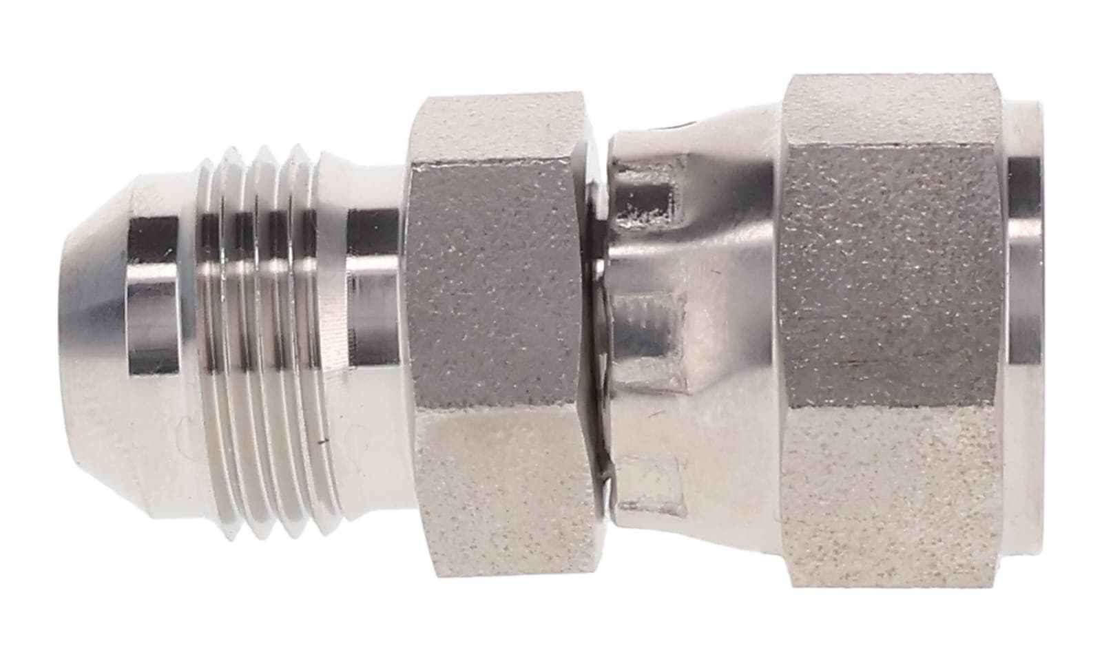 Stainless steel JIC 37° male × JIC female swivel connector, 316L, side view