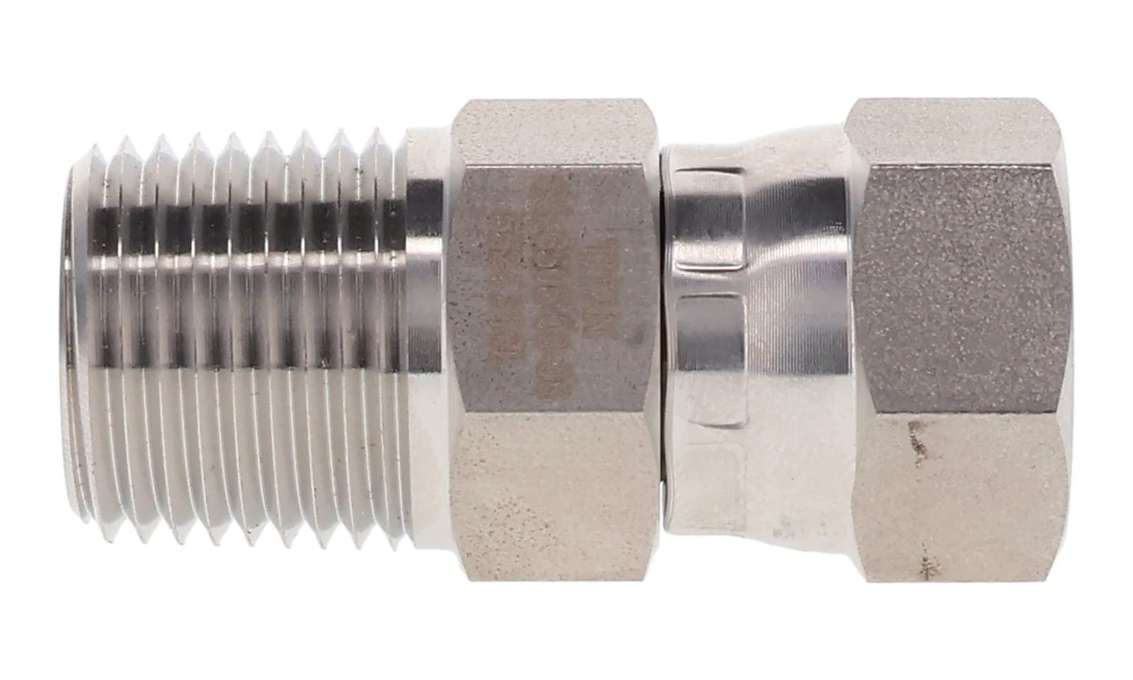 Stainless steel NPT male × JIC 37° female swivel connector, 316L, side view
