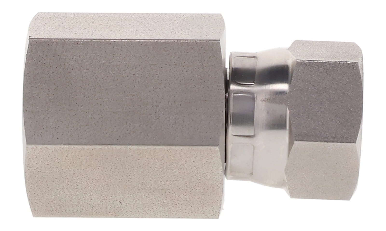 Stainless steel NPT female × JIC 37° female swivel connector, 316L, side view