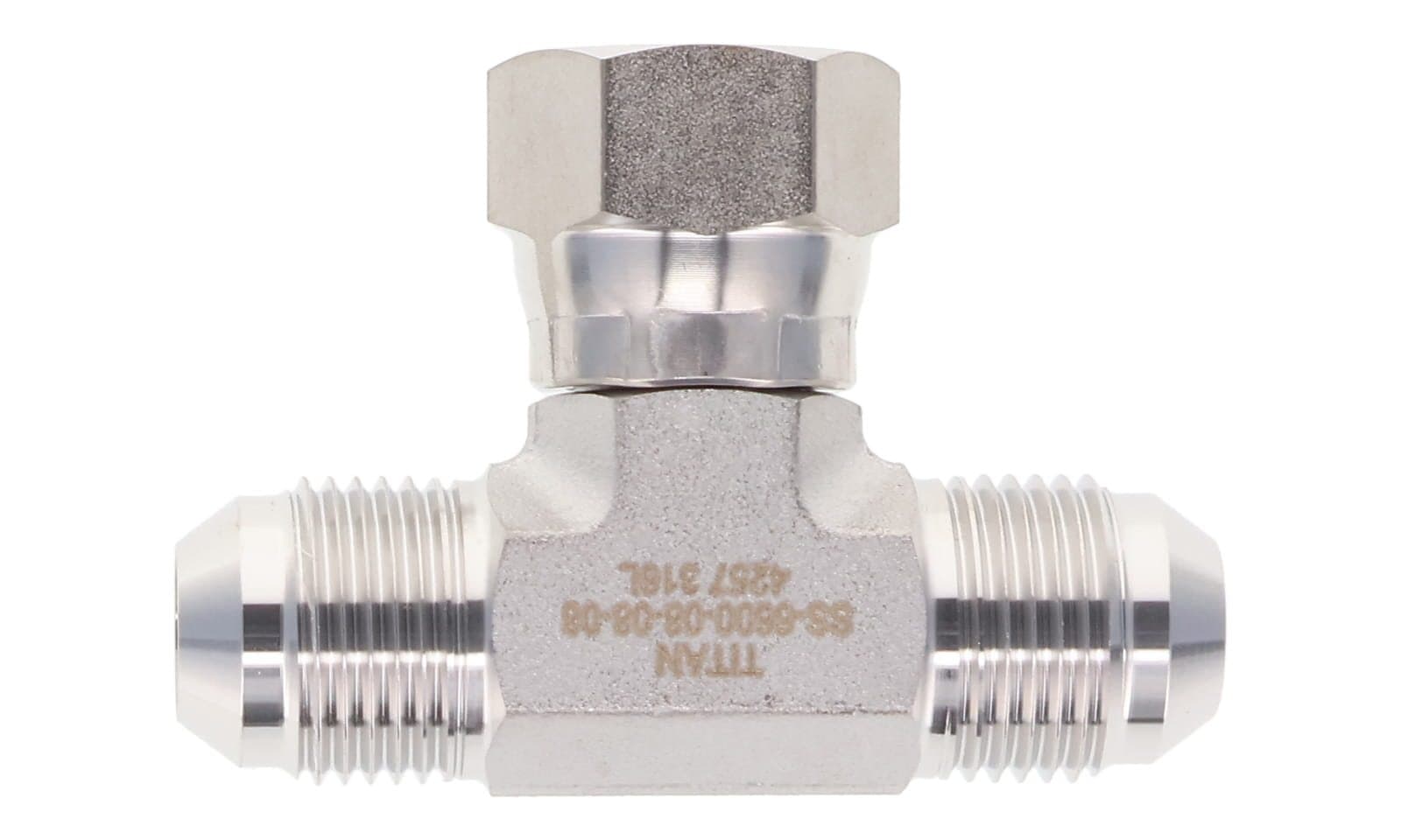 Stainless steel JIC 37° swivel nut branch tee, 316L, top view