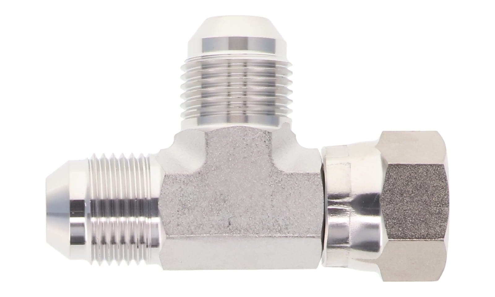 Stainless steel JIC 37° swivel nut run tee, 316L, top view