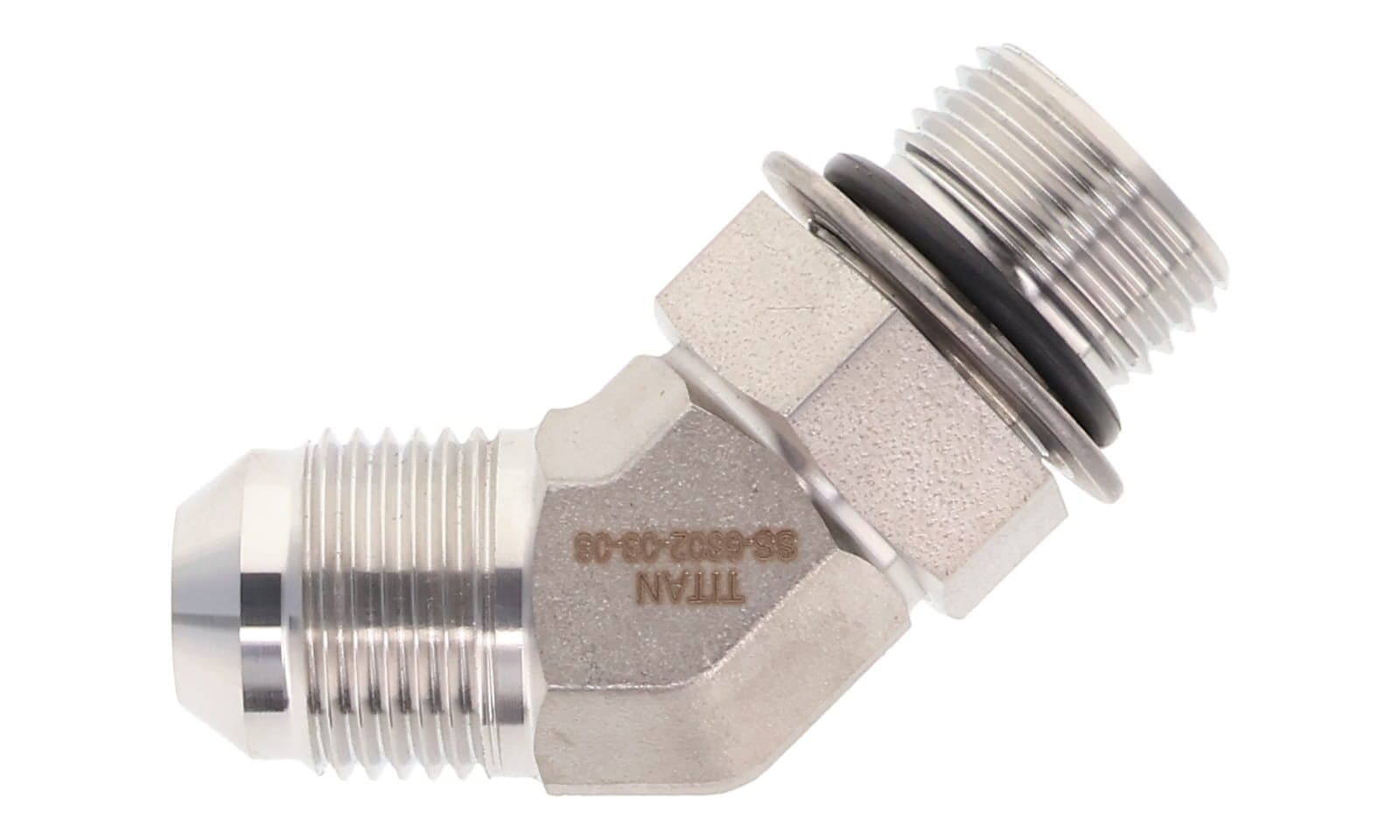 Stainless steel JIC 37° male × ORB male adjustable 45° elbow, 316L, top view
