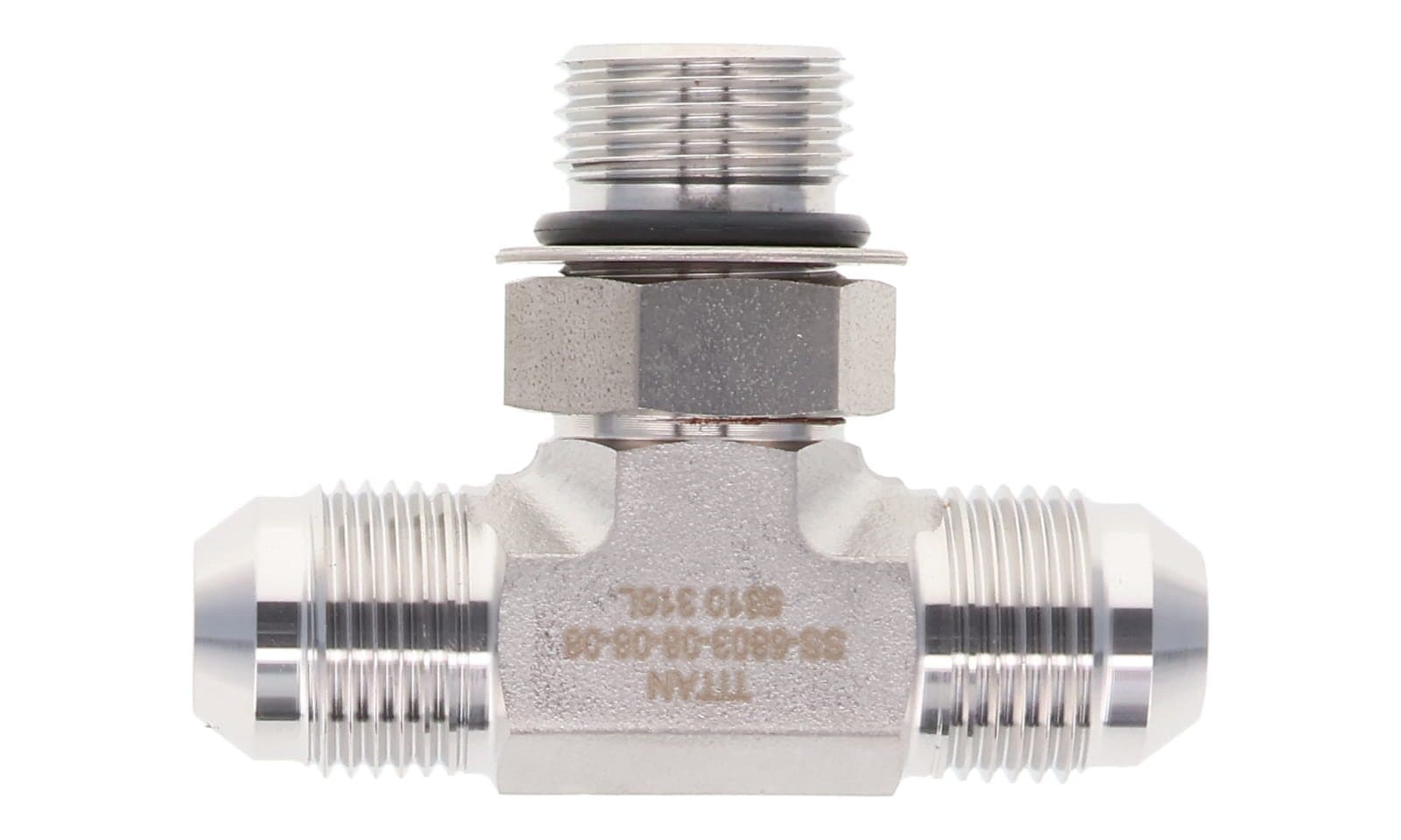 Stainless steel JIC 37° male × ORB male adjustable branch tee, 316L, top view