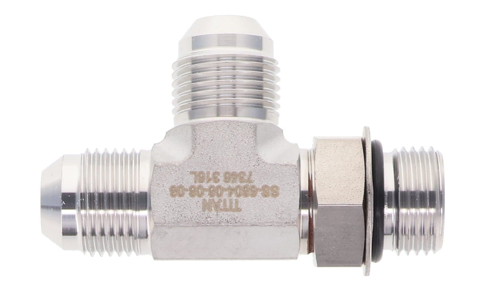 Stainless steel JIC 37° male × ORB male adjustable run tee, 316L, top view