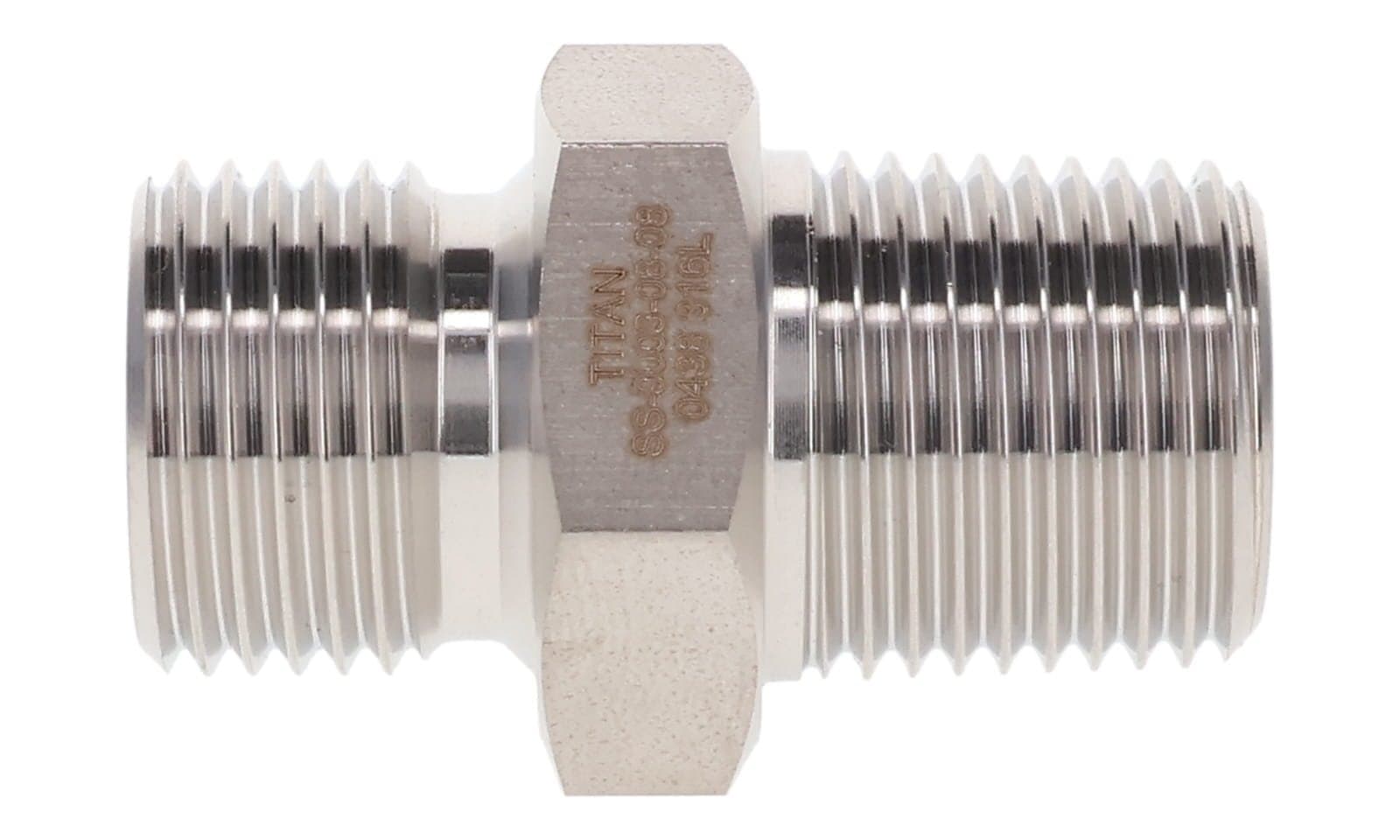 Stainless steel BSPP male × BSPT male adapter, stainless, side view