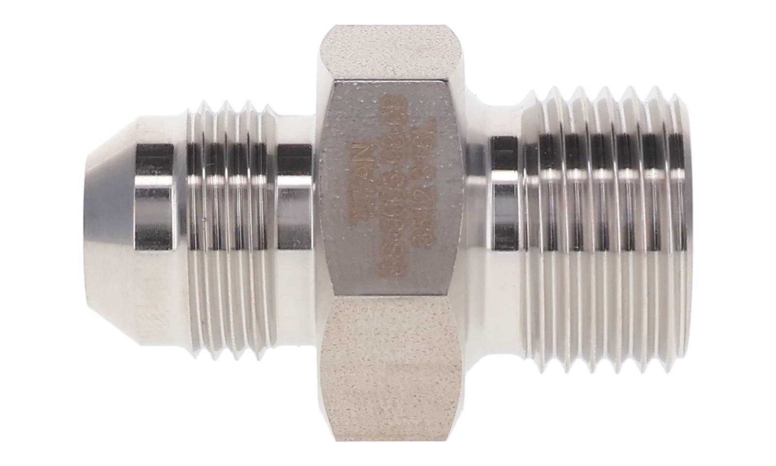 Stainless steel JIC 37° male × BSPP male adapter, stainless, side view