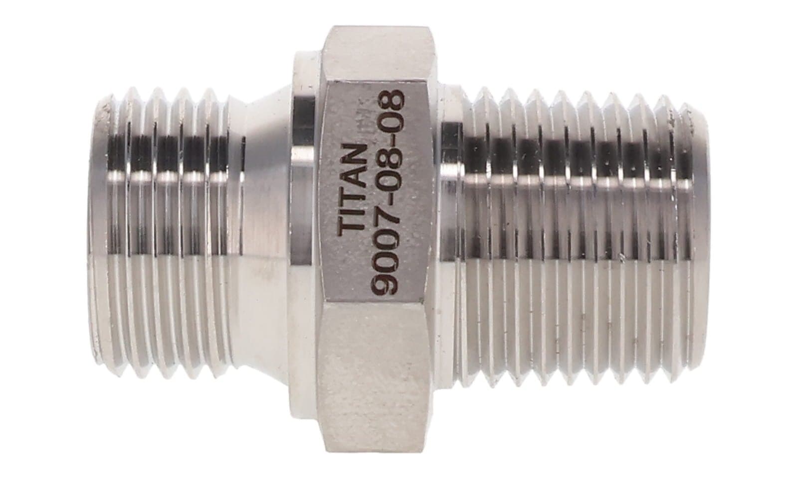 Stainless steel BSPP male × NPT male adapter, stainless, side view