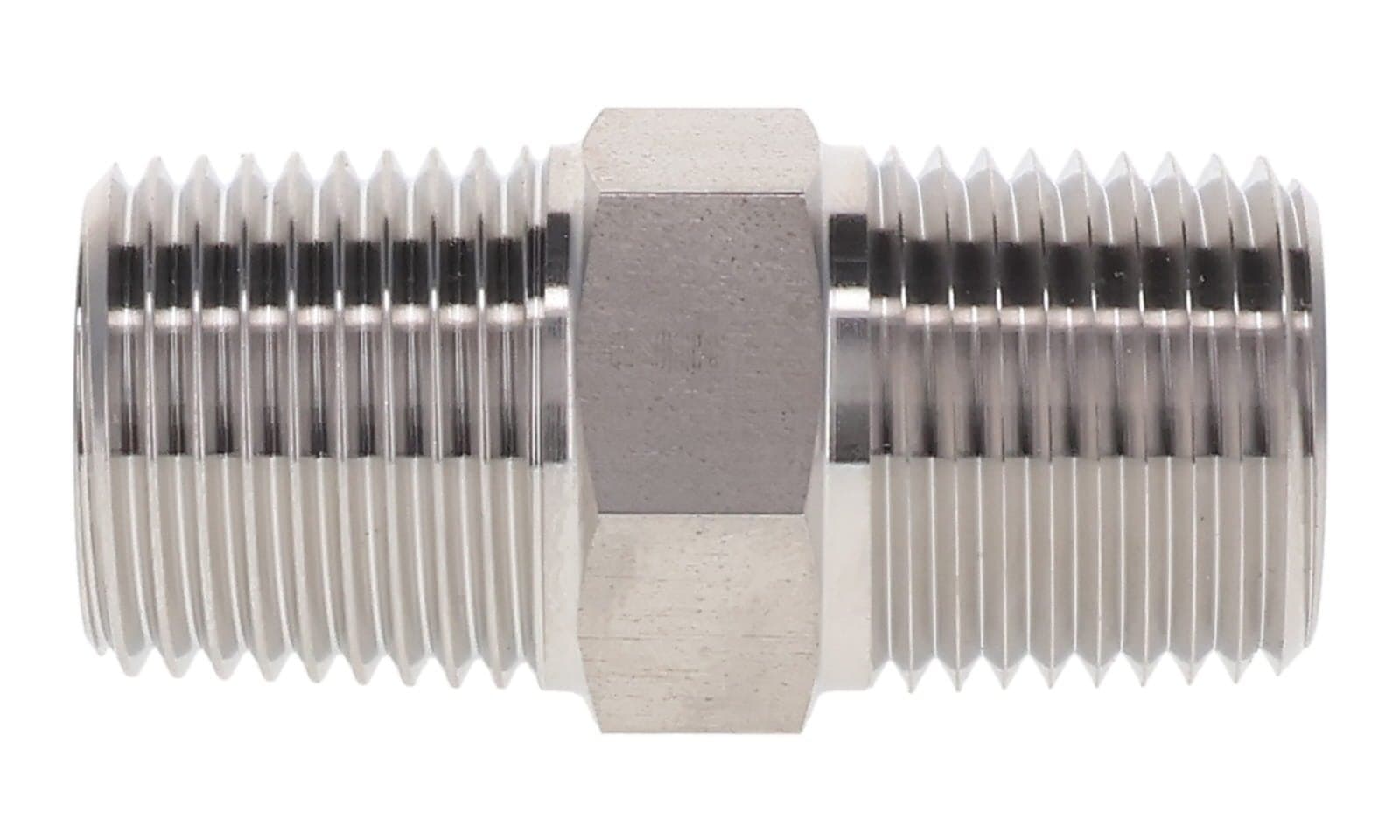 Stainless steel BSPT male × NPT male adapter, stainless, side view