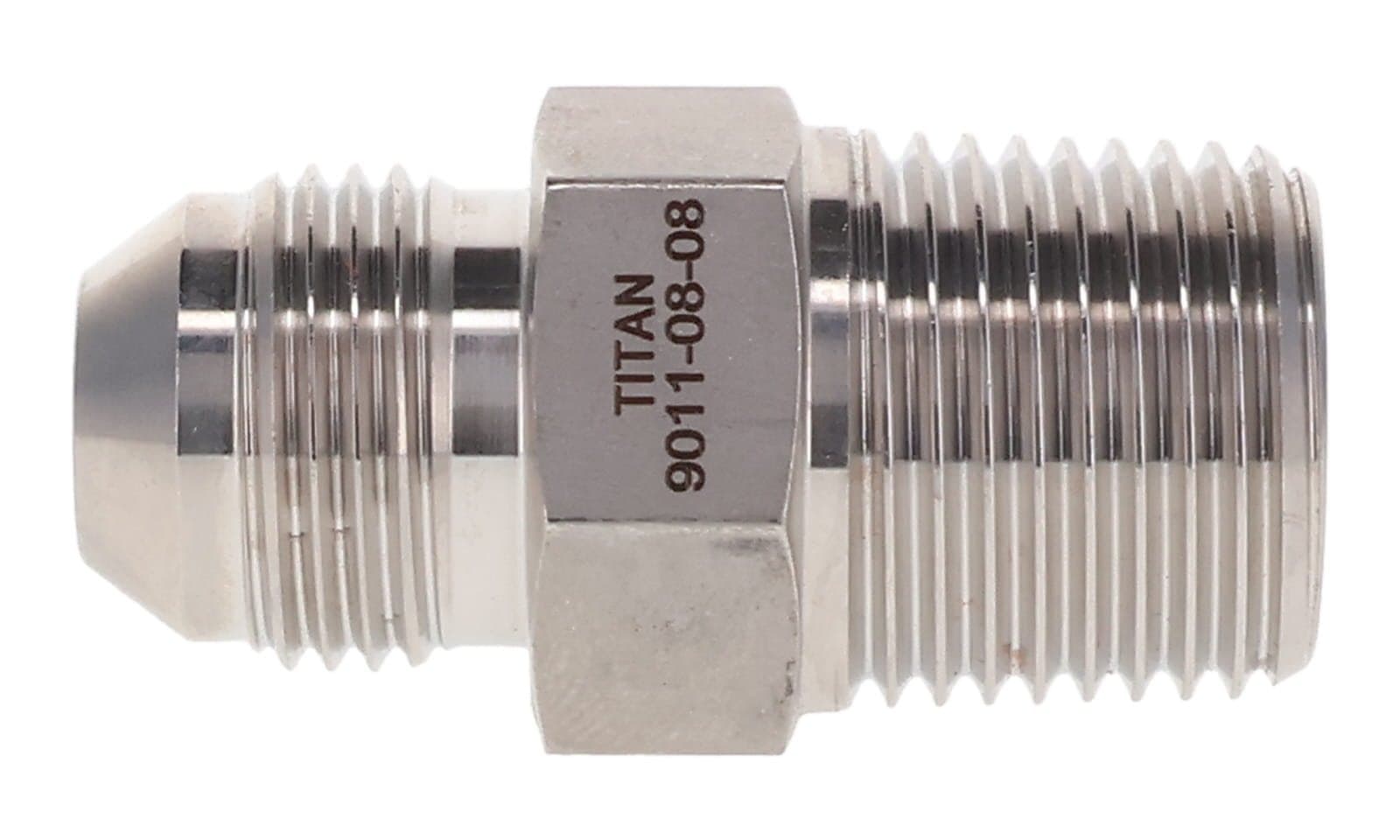 Stainless steel JIC 37° male × BSPT male adapter, stainless, side view