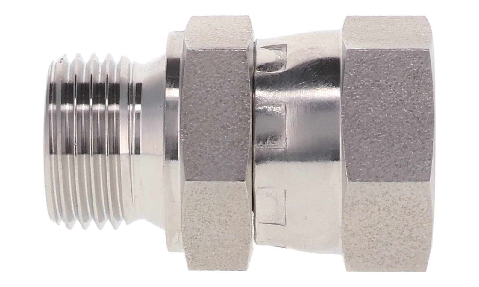 Stainless steel BSPP male × BSPP female swivel adapter, stainless, side view