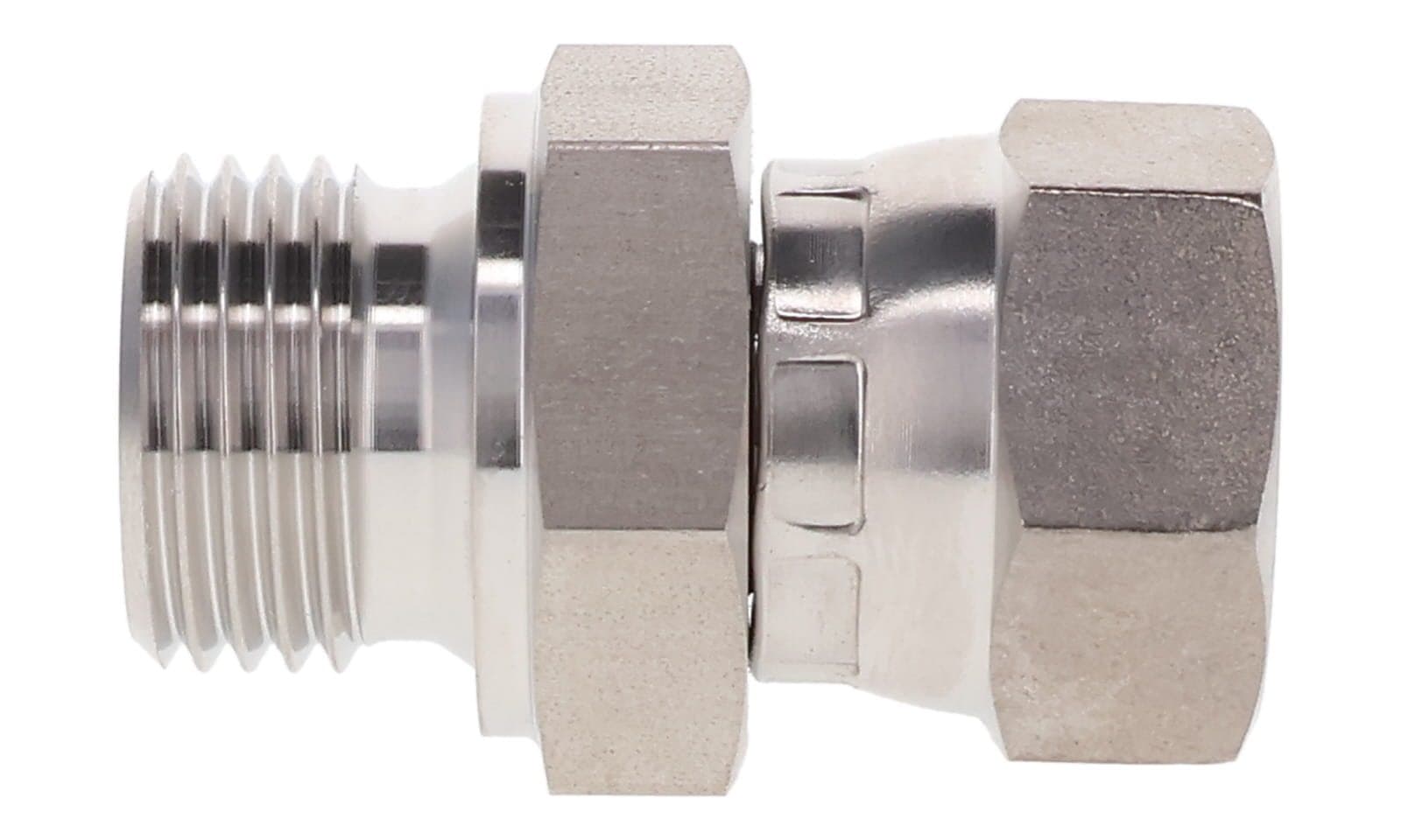 Stainless steel BSPP male × JIC 37° female swivel adapter, stainless, side view