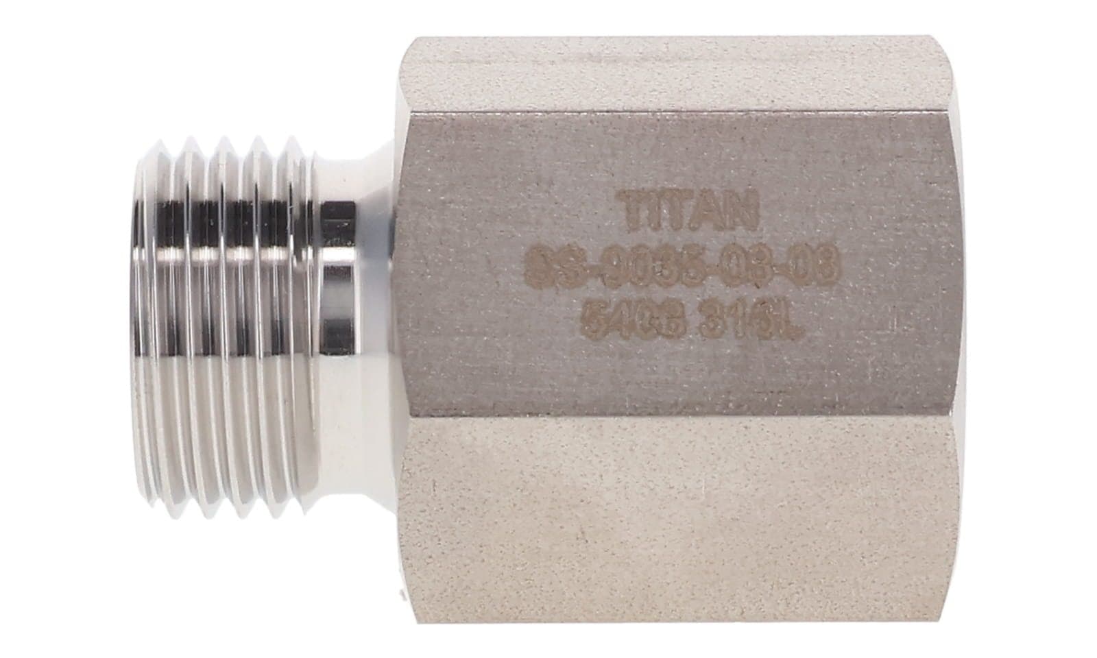 Stainless steel BSPP male × NPT female adapter, stainless, side view