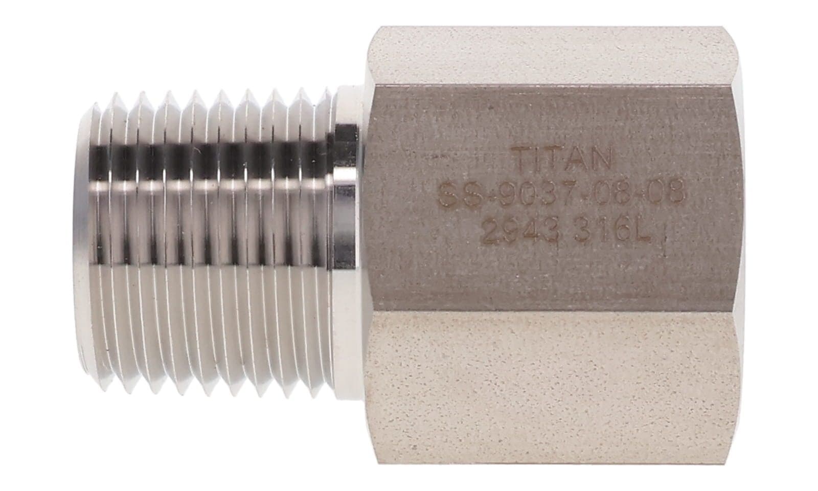 Stainless steel NPT male × BSPP female adapter, stainless, side view