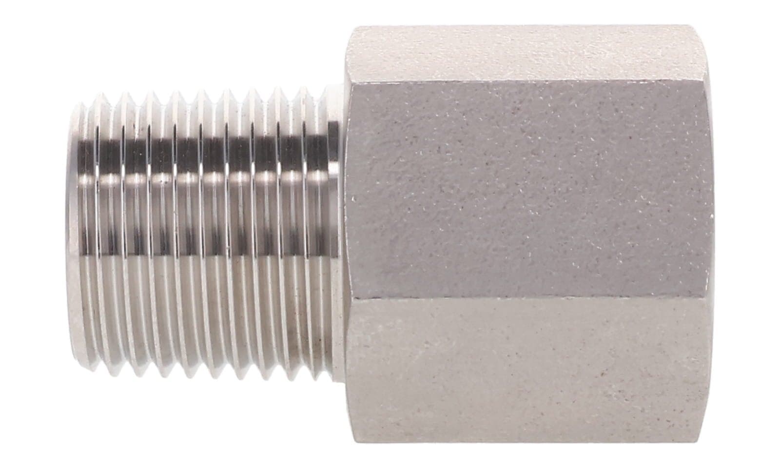 Stainless steel BSPT male × NPT female adapter, stainless, side view