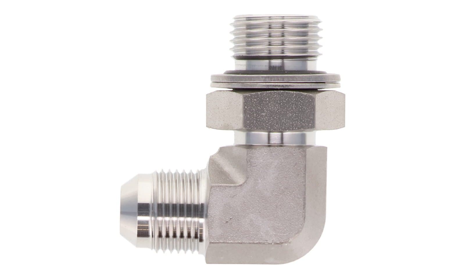 Stainless steel JIC 37° male × BSPP male adjustable 90° elbow, stainless, top view