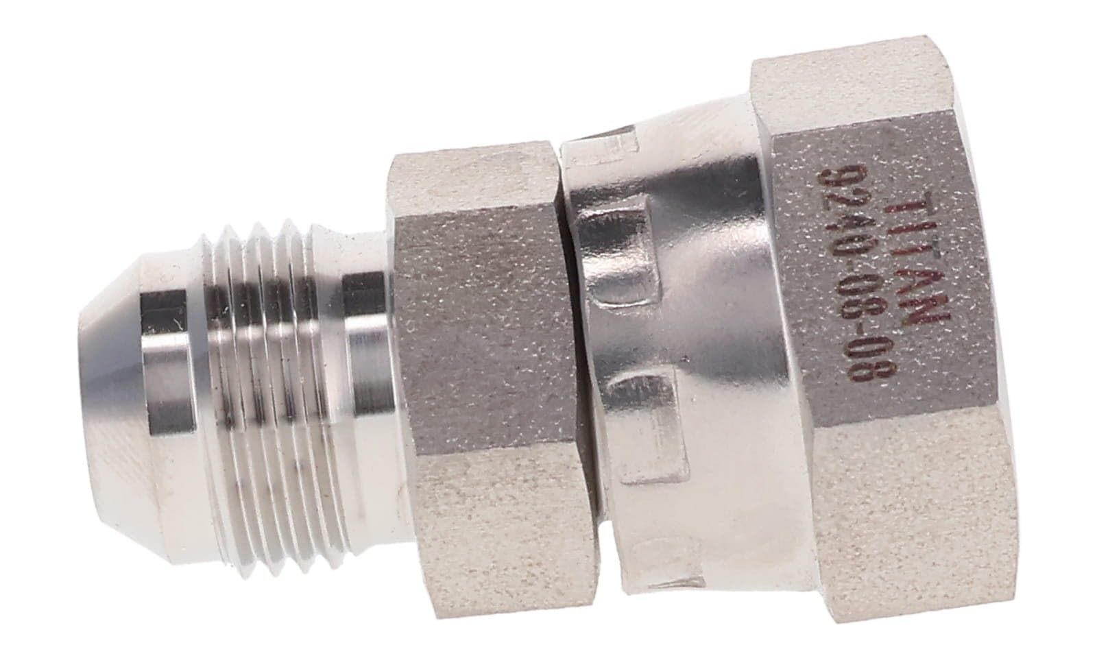 Stainless steel JIC 37° male × BSPP female swivel adapter, 316L, side view