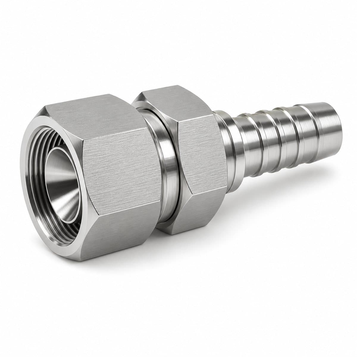 316L stainless steel NPSM female swivel hose fitting, 60° cone, double hex, straight