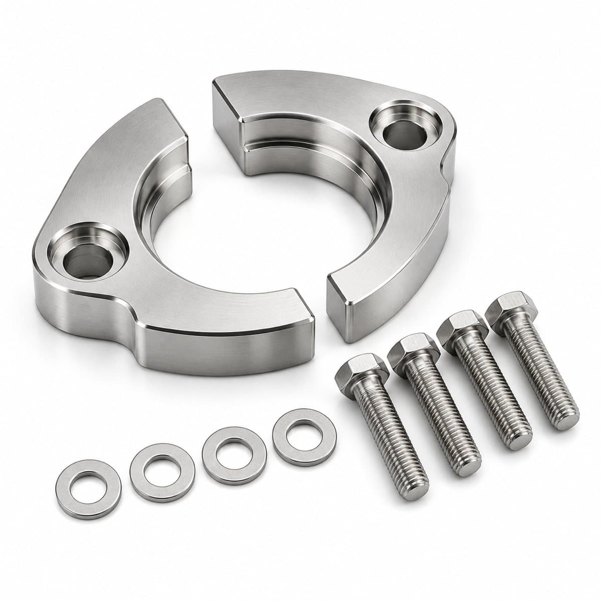 316L stainless steel SAE split flange halves with four cap screws and washers
